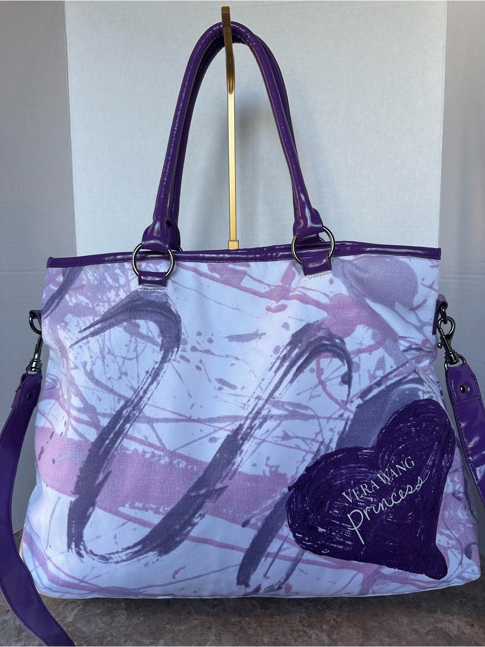 Vera Wang Princess Purple Heart Paint Splatter Canvas Shoulder Tote Bag Purse